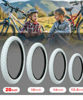 Boys with bikes and 20x2.125 Inch Folding Tire Kit With Inner Tubes And Levers, Puncture-Resistant, White, multiple tire sizes shown