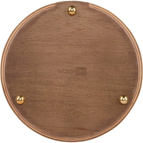 Base of Freestanding Toilet Paper Holder With Walnut Veneer On Birch Plywood Holds Mega Rolls And Extra Spares, brass feet visible