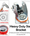 Top Tier Heavy Duty Swivel Caster Set Of Four With Industrial Polyurethane Silent Wheels, showing 6mm thick steel bracket and pre-drilled holes.