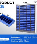 Dimensions of Heavy Duty Built Tough 75 Drawer Parts Cabinet With Removable Dividers, shown in blue color and grid layout.