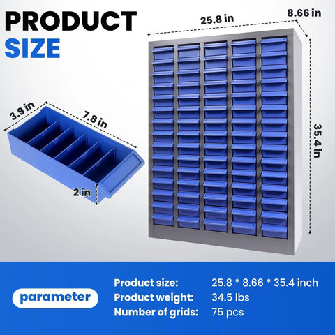 Dimensions of Heavy Duty Built Tough 75 Drawer Parts Cabinet With Removable Dividers, shown in blue color and grid layout.
