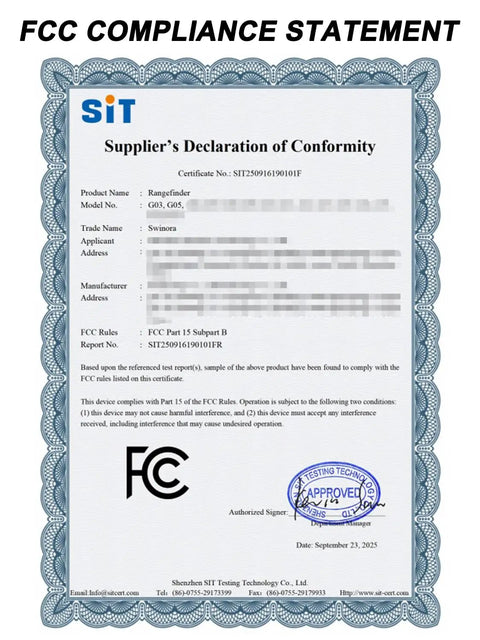 FCC compliance statement certificate for Rugged Golf Rangefinder With Slope And Flag Lock Vibration 7X Magnification For Pin Shots Up To 1300 Yards IP54 Waterproof Dustproof Compact Aluminum CNC Machined Build