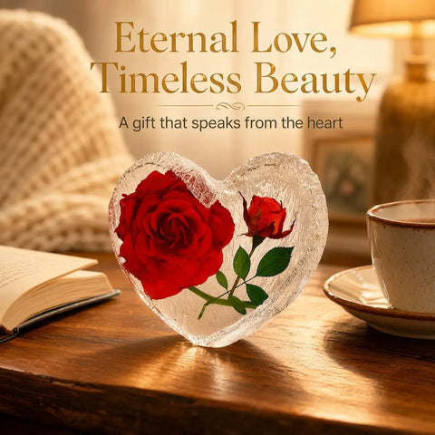 Heart-shaped crystal with red rose, part of Romantic Gift Set For Wife With Crystal Preserved Rose And Heart Necklace Engraved I Love You Forever
