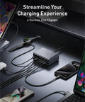 Prime 200W GaN Desktop Charger with 6-Port USB-C/USB-A powering multiple devices on a desk setup showcasing fast-charging station capabilities.