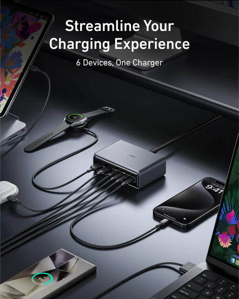 Prime 200W GaN Desktop Charger with 6-Port USB-C/USB-A powering multiple devices on a desk setup showcasing fast-charging station capabilities.