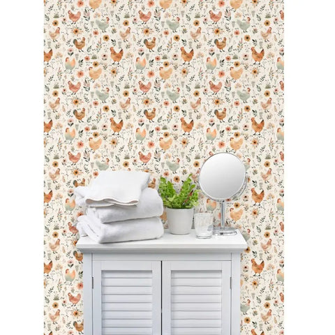 Top Tier Matte Wallpaper Featuring Pastel Hen Pattern And Subtle Linen Texture Heavy Duty PVC Free Wallcovering For Kitchens Bathrooms And Hallways Zero Hassle Paste To Paper Application with white towels and plant.