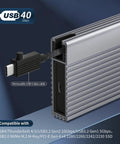 Close-up of Zero Hassle Usb 4 M2 Nvme Ssd Enclosure featuring removable USB 4 cable and sleek aluminum design.