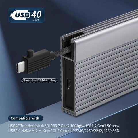 Close-up of Zero Hassle Usb 4 M2 Nvme Ssd Enclosure featuring removable USB 4 cable and sleek aluminum design.
