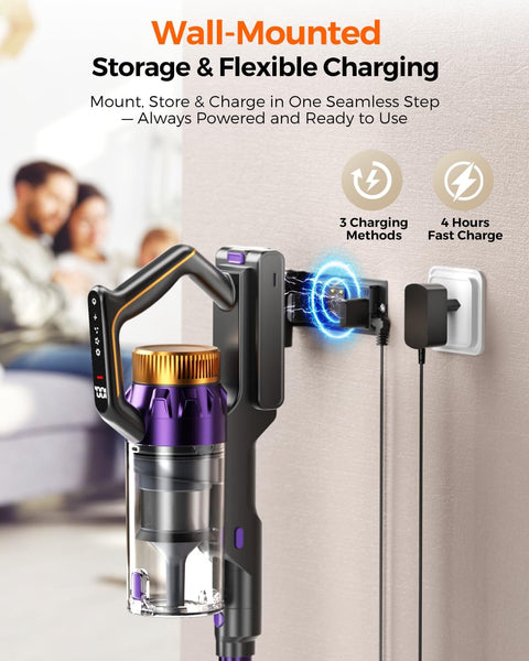 Cordless Vacuum Cleaner For Home With 580W Power And 48KPa Suction, Lightweight Stick Vacuum wall-mounted charging view