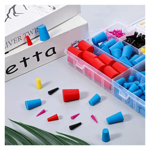 Ultimate 350 Pcs Silicone Rubber Tapered Plug Kit With 8 Various Sizes From 1/16 Inch To 5/8 Inch For Lab And Industrial Use Heat Resistant Stoppers That Won't Crack Shrink Or Break Under Pressure, assorted plugs in storage box