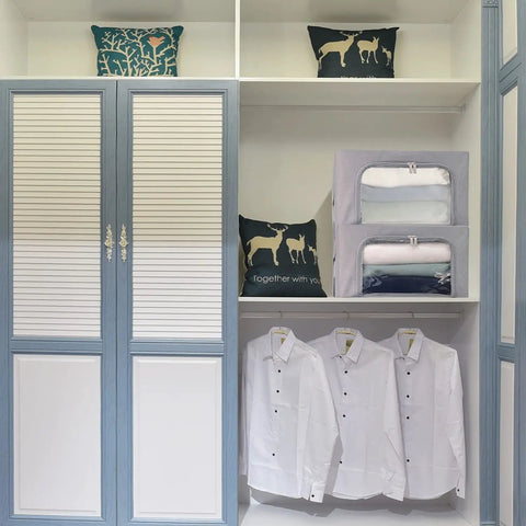 Closet with Three Pack Grab And Go Clothes Storage Bins Set with Stackable Foldable Organizer Boxes, clear window view, gray.