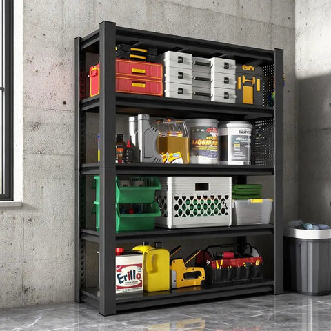 Beast Mode Heavy Duty 5 Tier Garage Shelving, 2000 Lbs Rock Solid Metal Storage Rack With Two Pegboards, Adjustable Utility Shelves For Shop And Warehouse, Black Frame filled with tools and containers.