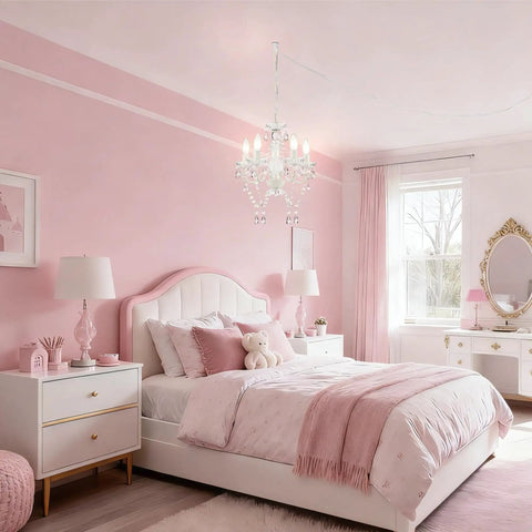 Plug-In 4-Light Pink And White Acrylic Crystal Chandelier For Girls Bedroom Playroom Or Nursery With Kid-Friendly Cozy Glow No Hardwire 20ft Cord Easy Install Hanging Ceiling Light above pink bed in children's room.