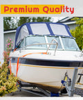 Boat trailer surge brake lockout kit; orange tie-down strap securing a white-hulled boat with navy stripe.