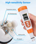 5 In 1 Digital Pool Water Tester With pH And Salinity Meter, showing sensors and display screen for temperature and EC/TDS readings.