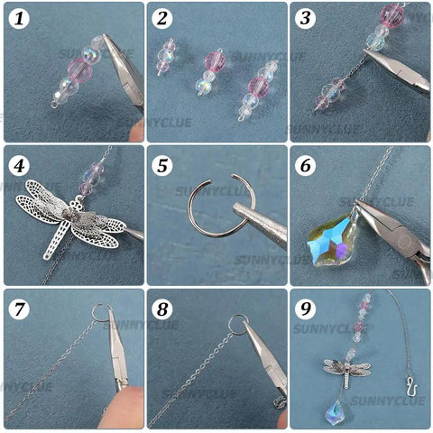 Step-by-step assembly of Do It Yourself Suncatcher Kit With Rainbow Prism Beads And Filigree Butterfly Dragonfly Charms