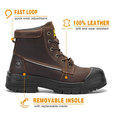 Rugged 6 Inch Steel Toe Work Boots For Men With Oiled Crazy Horse Leather Construction, side view showing features.