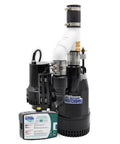 Top Shelf Primary And Battery Backup Sump Pump System Featuring Wifi Monitoring Plus Plug And Play Preplumbed Pipes for efficient water removal.