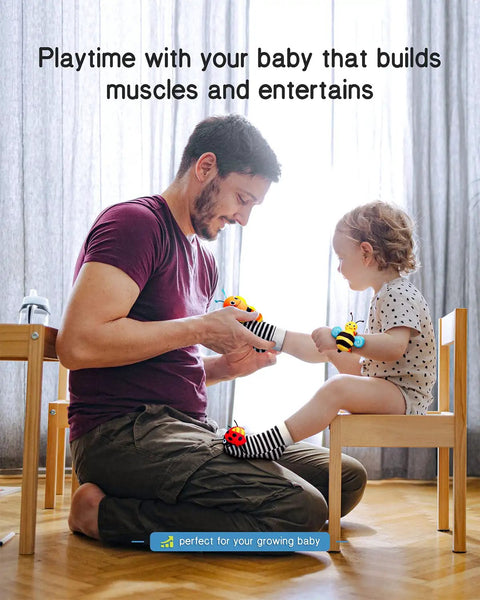 Kickass Infant Sensory Play Kit Featuring Ultra Bright Wrist Rattles And Comfy Foot Finder Socks crafted for teething toddlers, baby playing with socks.