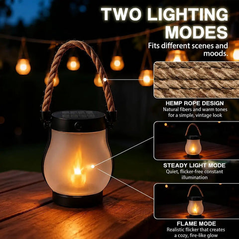 Solar Lantern Outdoor Lights With Realistic Dancing Flame Effect For Camping And Patio Use, focus on hemp rope design.