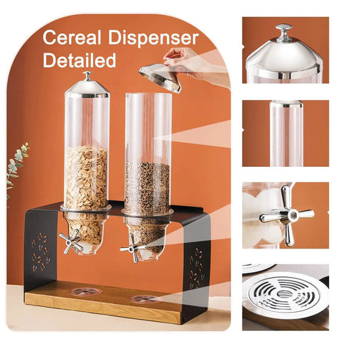 Triple Compartment Cereal Dispenser Countertop Organizer For Grains Nuts Candy And Coffee Beans Solid Wood Base steel lid clear bins