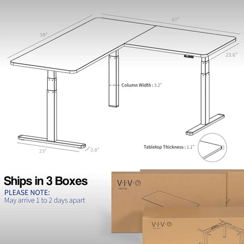 Rocking This VIVO L-Shaped Corner Standing Desk For Your Office Home Setup With Height Adjustable Ergonomic Features Smooth Transition From Sit To Stand Position Massive Workspace Ideal For Productivity And Comfort with dimensions and shipping info.
