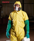 Person in yellow protective suit holding can, wearing Three Pairs 26 Inch Rubber Gloves for Heavy Duty Work Waterproof PVC Gloves With Cotton Liner