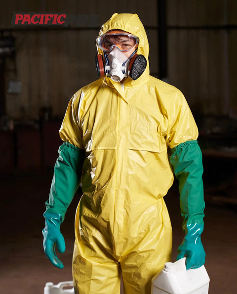 Person wearing Top Shelf Pvc Chemical Resistant Work Gloves Waterproof Reusable Heavy Duty Grip with yellow protective suit.