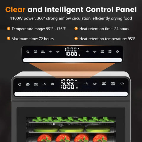 Top Shelf Workhorse Food Dehydrator Featuring 12 Sturdy Steel Trays And Precise Heat Controls with digital control panel and display.