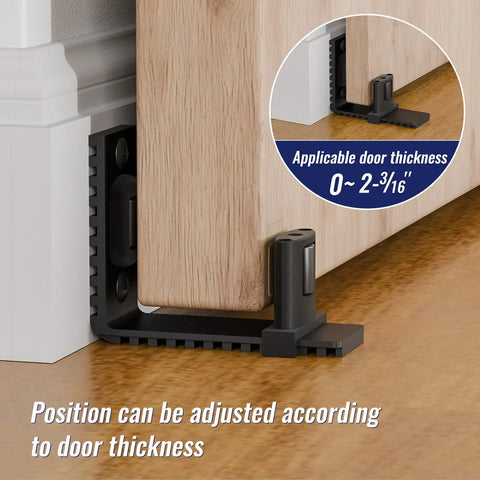 Adjustable Sliding Barn Door Floor Guide With Rock Solid Heavy Duty Metal Base And Double Nylon Quiet Rollers For A Smooth As Butter Glide On Any Interior Door Frame In Sleek Black adjustable for door thickness 0-2-3/16 inch.