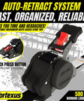 Hardcore Heavy Duty Retractable Ratchet Straps 1 Inch By 12 Feet Auto Tie Down With 1760 Lb Break Strength No Frills Cargo Hauler For Atv Trailer Motorcycle Pickup Truck Utv Kayak 4 Pack close-up of auto-retract mechanism and quick press button.