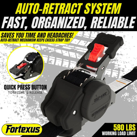 Hardcore Heavy Duty Retractable Ratchet Straps 1 Inch By 12 Feet Auto Tie Down With 1760 Lb Break Strength No Frills Cargo Hauler For Atv Trailer Motorcycle Pickup Truck Utv Kayak 4 Pack close-up of auto-retract mechanism and quick press button.