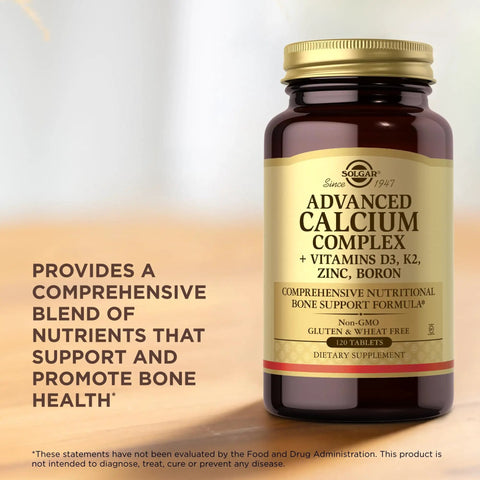 Bottle of Advanced Calcium Complex With Zinc Boron D3 And K2 For Bone Health And Mineral Support Non-GMO Gluten Free Dairy Free