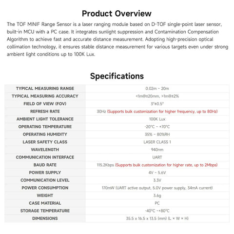 Slick Design D ToF Laser Range Sensor For Pro Robotics Projects featuring compact PC case, measures 0.02 to 20m.