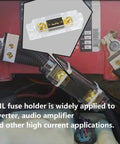 Close-up of Three Pack 300 Amp ANL Fuse Holder Block for Car Audio with 300A ANL fuses and solid brass terminals.