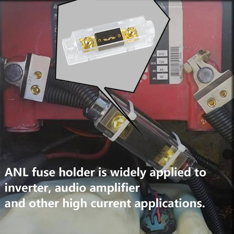 Close-up of Three Pack 300 Amp ANL Fuse Holder Block for Car Audio with 300A ANL fuses and solid brass terminals.