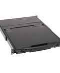 16 Port DisplayPort Kvm Switch Console Featuring 17 Inch Lcd Monitor Rackmount Touchpad And Keyboard, sleek black design for 1U racks.