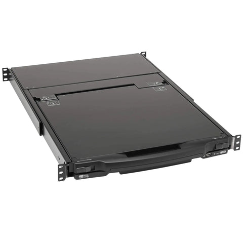 16 Port DisplayPort Kvm Switch Console Featuring 17 Inch Lcd Monitor Rackmount Touchpad And Keyboard, sleek black design for 1U racks.