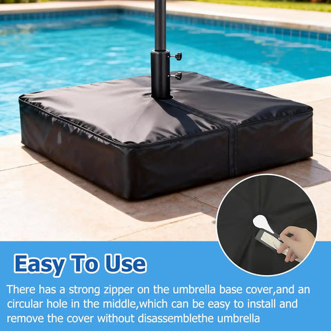 Patio Umbrella Base Cover For Square Stands Heavy Duty 600D Waterproof Anti UV Weatherproof Cover Only 30 Inch By 30 Inch By 5 Inch Black Fits Most Square Bases as shown at poolside, with close-up of zipper detail.
