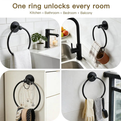Adhesive Towel Ring Self Adhesive Stainless Steel Matte Black Rustproof Bathroom Towel Holder Wall Mount SUS 304 in various room settings