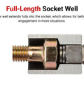 Close-up of full-length socket well enhancing fastener engagement in Beefy Half Inch Drive Shallow 6 Point Impact Socket Set With Case.