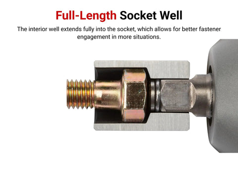 Close-up of full-length socket well enhancing fastener engagement in Beefy Half Inch Drive Shallow 6 Point Impact Socket Set With Case.