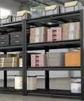 Beefed Up Heavy Duty Garage Shelving System With Four Tier Storage Shelves 2200 Lbs Capacity 40 Inch Wide By 20 Inch Deep By 60 Inch High Industrial Metal Garage Organizer, loaded with boxes