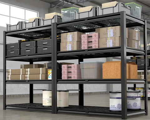 Beefed Up Heavy Duty Garage Shelving System With Four Tier Storage Shelves 2200 Lbs Capacity 40 Inch Wide By 20 Inch Deep By 60 Inch High Industrial Metal Garage Organizer, loaded with boxes