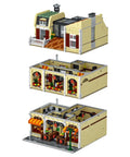 Lit 3-Floor Modular Pizza Shop Building Kit With Fully Printed Pieces, Glowing Brick Oven, Apartment And City Street Details, 5588-Piece Pizzeria Set, Compatible With Major Brands - three stacked floors showing detailed interiors and apartment