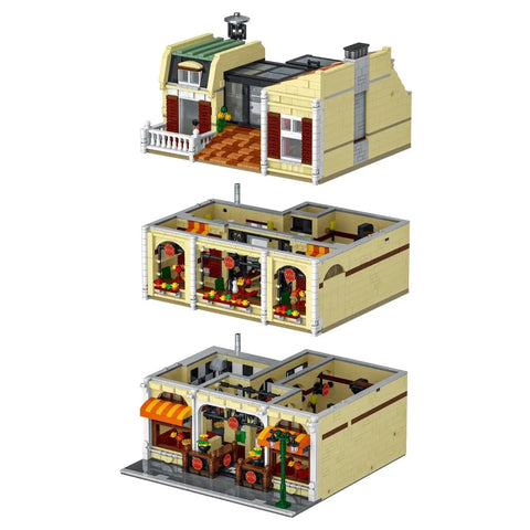 Lit 3-Floor Modular Pizza Shop Building Kit With Fully Printed Pieces, Glowing Brick Oven, Apartment And City Street Details, 5588-Piece Pizzeria Set, Compatible With Major Brands - three stacked floors showing detailed interiors and apartment