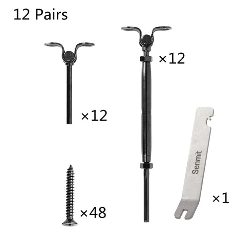 12 pairs one-eighth inch wire rope cable railing hardware kit shown with toggle turnbuckles, screws, tool, wood posts.