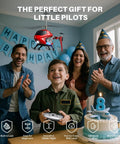 Family celebrating with boy flying Durable Alloy RC Helicopter For Kids And Beginner Friendly With Altitude Hold Two Speed Modes Easy Indoor Flight Kid Friendly Remote Control Toy Gift For Boys And Girls at birthday party.