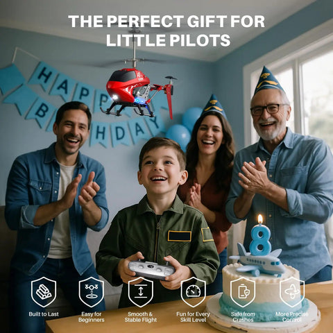 Family celebrating with boy flying Durable Alloy RC Helicopter For Kids And Beginner Friendly With Altitude Hold Two Speed Modes Easy Indoor Flight Kid Friendly Remote Control Toy Gift For Boys And Girls at birthday party.