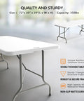 Six Foot Folding Table For Indoor Outdoor Use, Portable Long Rectangular Table with Smooth HDPE Top, White, Sturdy Gray Frame